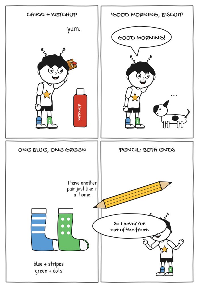 Doodle page listing weird things Advait does: chikki with ketchup, odd socks, a pencil sharpened at both ends